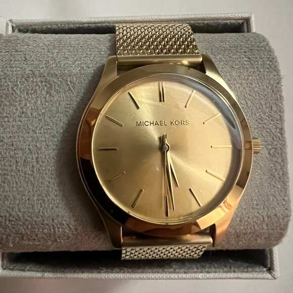 Michael Kors Men's Slim Runway Three-Hand Gold-Tone Steel Mesh Band Watch MK8625 - Picture 1 of 4